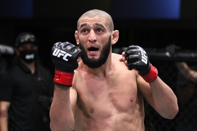 LAS VEGAS, NEVADA - SEPTEMBER 19: Khamzat Chimaev of Chechnya celebrates after his knockout victory over Gerald Meerschaert in their middleweight bout during the UFC Fight Night event at UFC APEX on September 19, 2020 in Las Vegas, Nevada. (Photo by Chris Unger/Zuffa LLC)