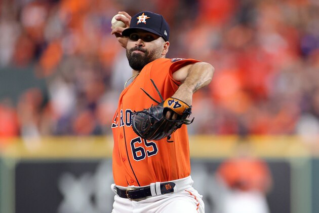 HOUSTON, TEXAS - OCTOBER 27:  Jose Urquidy #65 of the Houston Astros delivers the pitch against the Atlanta Braves during the first inning in Game Two of the World Series at Minute Maid Park on October 27, 2021 in Houston, Texas. (Photo by Carmen Mandato/Getty Images)