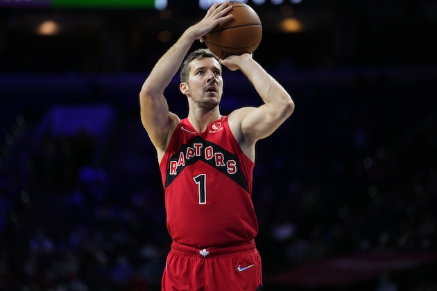 Toronto Raptors' Goran Dragic plays during a preseason NBA basketball game, Thursday, Oct. 7, 2021, in Philadelphia. (AP Photo/Matt Slocum)