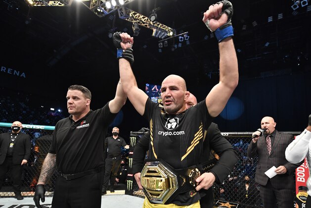 ABU DHABI, UNITED ARAB EMIRATES - OCTOBER 30: Glover Teixeira of Brazil celebrates after his victory over Jan Blachowicz of Poland in the UFC light heavyweight championship fight during the UFC 267 event at Etihad Arena on October 30, 2021 in Yas Island, Abu Dhabi, United Arab Emirates. (Photo by Chris Unger/Zuffa LLC)