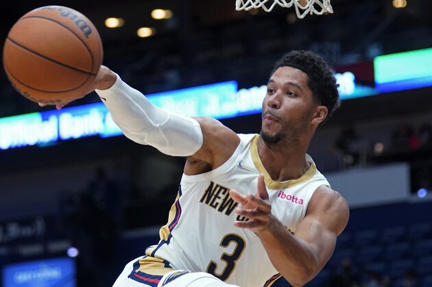 New Orleans Pelicans guard Josh Hart (3) passes in the second half of an NBA basketball preseason against the Orlando Magic game in New Orleans, Wednesday, Oct. 6, 2021. The Pelicans won 104-86. (AP Photo/Gerald Herbert)