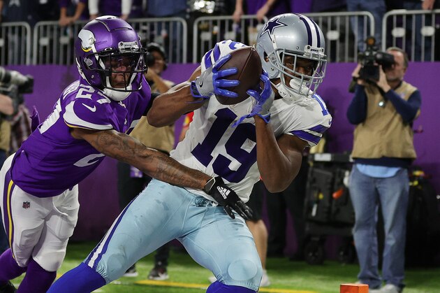 MINNEAPOLIS, MINNESOTA - OCTOBER 31: Amari Cooper #19 of the Dallas Cowboys catches a five-yard touchdown pass from Cooper Rush #10 (not pictured) against Cameron Dantzler #27 of the Minnesota Vikings during the fourth quarter at U.S. Bank Stadium on October 31, 2021 in Minneapolis, Minnesota. (Photo by Stacy Revere/Getty Images)