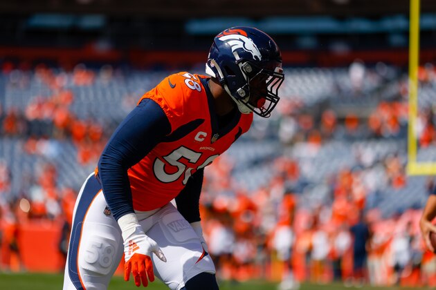 DENVER, CO - SEPTEMBER 26:  Linebacker Von Miller #58 of the Denver Broncos stands on the field while warming up against the New York Jets at Empower Field at Mile High on September 26, 2021 in Denver, Colorado. (Photo by Justin Edmonds/Getty Images)