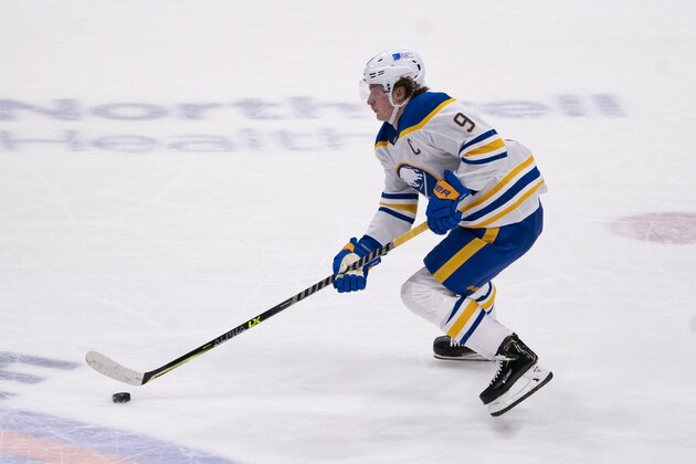 UNIONDALE, NY - MARCH 04: Buffalo Sabres Center Jack Eichel (9) skates with the puck during the first period of the National Hockey League game between the Buffalo Sabres and the New York Islanders on March 4, 2021, at the Nassau Veterans Memorial Coliseum in Uniondale, NY. (Photo by Gregory Fisher/Icon Sportswire via Getty Images)