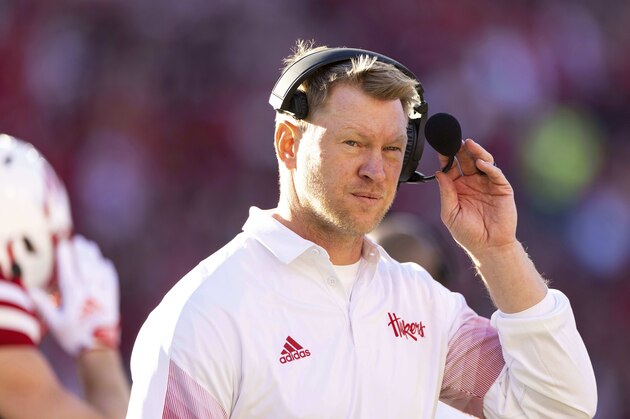 Nebraska head coach Scott Frost huddles with his players during the second half against Purdue in an NCAA college football game Saturday, Oct. 30, 2021, at Memorial Stadium in Lincoln, Neb. Purdue defeated Nebraska 28-23. (AP Photo/Rebecca S. Gratz)
