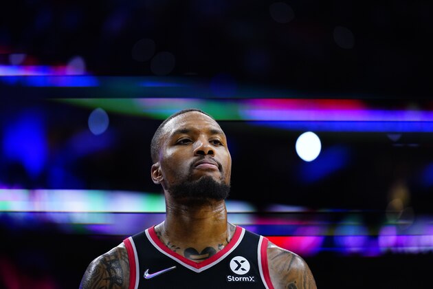 Portland Trail Blazers' Damian Lillard plays during an NBA basketball game, Monday, Nov. 1, 2021, in Philadelphia. (AP Photo/Matt Slocum)