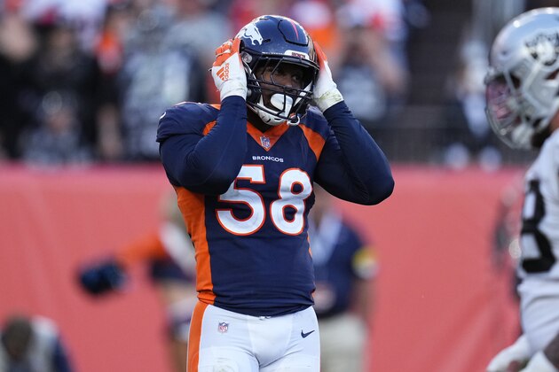 Denver Broncos outside linebacker Von Miller (58) against the Las Vegas Raiders during the second half of an NFL football game, Sunday, Oct. 17, 2021, in Denver. (AP Photo/Jack Dempsey)