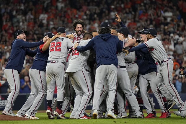 The Atlanta Braves celebrate after winning baseball's World Series in Game 6 against the Houston Astros Tuesday, Nov. 2, 2021, in Houston. The Braves won 7-0. (AP Photo/David J. Phillip)