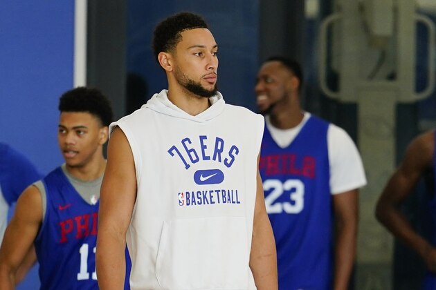Philadelphia 76ers' Ben Simmons takes part in a practice at the NBA basketball team's facility, Monday, Oct. 18, 2021, in Camden, N.J. (AP Photo/Matt Rourke) Philadelphia 76ers' Ben Simmons takes part in a practice at the NBA basketball team's facility, Monday, Oct. 18, 2021, in Camden, N.J. (AP Photo/Matt Rourke)