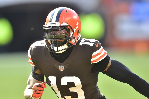 Cleveland Browns wide receiver Odell Beckham Jr. runs a route during an NFL football game against the Pittsburgh Steelers, Sunday, Oct. 31, 2021, in Cleveland. The Steelers won 15-10. (AP Photo/David Richard)