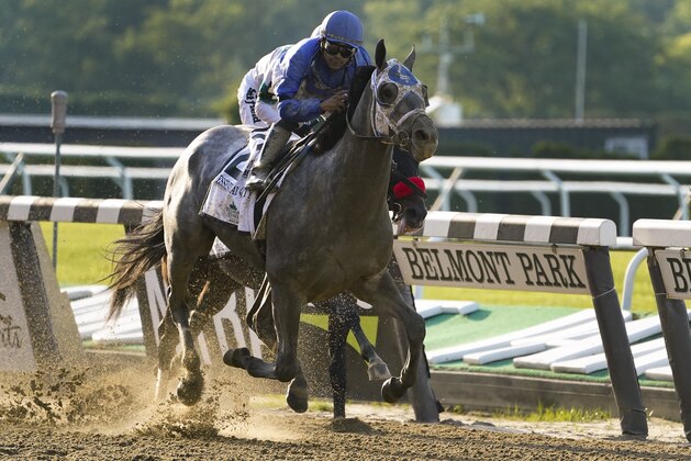 FILE - Essential Quality (2), Luis Saez up, crosses the finish line to win the 153rd running of the Belmont Stakes horse race, Saturday, June 5, 2021, at Belmont Park in Elmont, N.Y. Medina Spirit, controversial winner of the Kentucky Derby, and Belmont Stakes winner Essential Quality head a field of 10 horses for the Breedersâ€™ Cup Classic. (AP Photo/John Minchillo, File)
