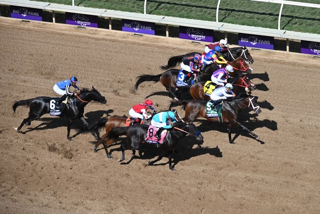 DEL MAR, CA - NOVEMBER 06:  Life Is Good ridden by Irad Ortiz Jr. takes the lead on his way to winning the Breeders' Cup Dirt Mile on November 06, 2021, at the Breeder's Cup World Championships in Del Mar, CA. (Photo by Cynthia Lum/Icon Sportswire via Getty Images)