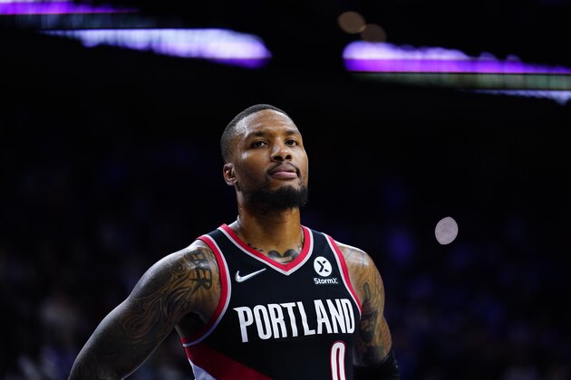 Portland Trail Blazers' Damian Lillard plays during an NBA basketball game, Monday, Nov. 1, 2021, in Philadelphia. (AP Photo/Matt Slocum)