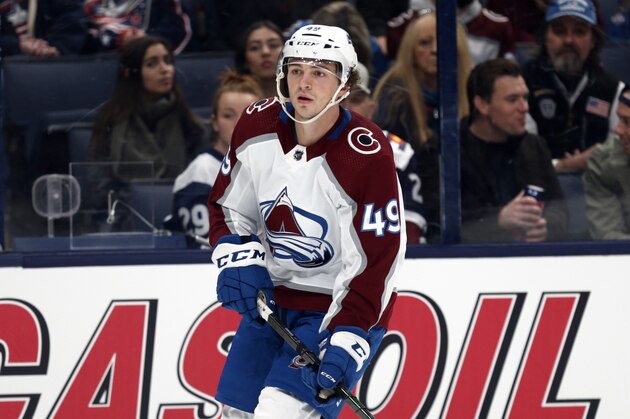 Colorado Avalanche defenseman Samuel Girard is seen during an NHL hockey game against the Columbus Blue Jackets in Columbus, Ohio, Saturday, Nov. 6, 2021. The Blue Jackets won 4-2. (AP Photo/Paul Vernon)