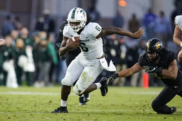 Michigan State tight end Maliq Carr (6) runs against Purdue during the second half of an NCAA college football game in West Lafayette, Ind., Saturday, Nov. 6, 2021. Purdue defeated Michigan State 40-29. (AP Photo/Michael Conroy)