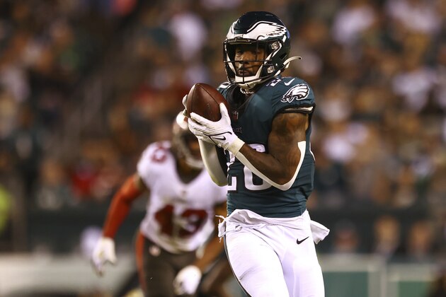 Philadelphia Eagles running back Miles Sanders (26) makes a catch against the Tampa Bay Buccaneers during an NFL football game, Thursday, Oct. 14, 2021, in Philadelphia. (AP Photo/Rich Schultz)