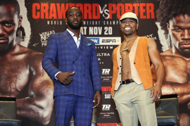 LAS VEGAS, NEVADA - OCTOBER 09: WBO welterweight champion Terence Crawford (L) and Shawn Porter (R) pose during the press conference at MGM Grand Casino on October 09, 2021 in Las Vegas, Nevada. (Photo by Mikey Williams/Top Rank Inc via Getty Images)