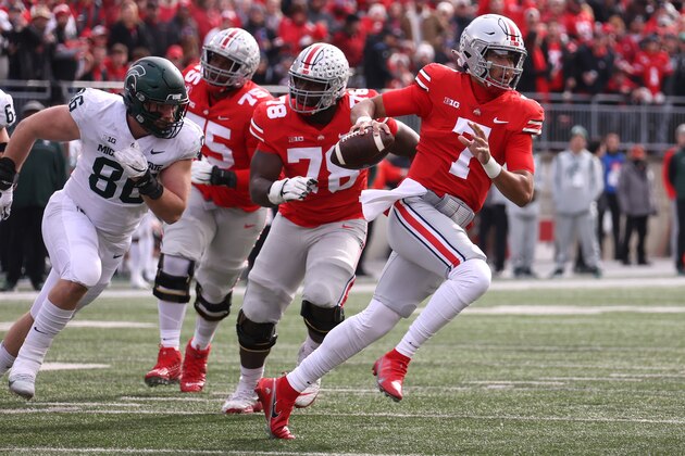 COLUMBUS, OHIO - NOVEMBER 20: C.J. Stroud #7 of the Ohio State Buckeyes looks to make a first half pass while playing the Michigan State Spartans at Ohio Stadium on November 20, 2021 in Columbus, Ohio. (Photo by Gregory Shamus/Getty Images)