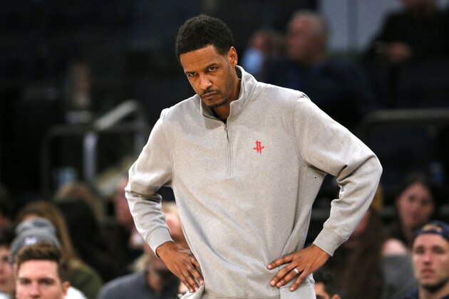Houston Rockets head coach Stephen Silas reacts to the team's play against the New York Knicks during the second half of an NBA basketball game in New York, Saturday, Nov. 20, 2021. (AP Photo/Noah K. Murray)