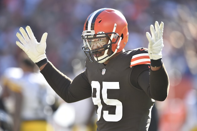 Cleveland Browns defensive end Myles Garrett (95) reacts during an NFL football game against the Pittsburgh Steelers, Sunday, Oct. 31, 2021, in Cleveland. The Steelers won 15-10. (AP Photo/David Richard)