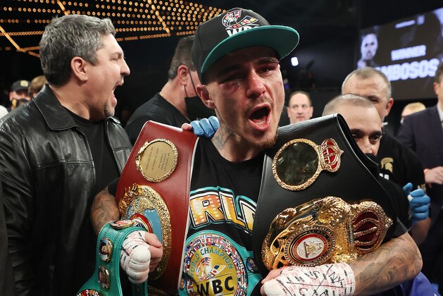 NEW YORK, NEW YORK - NOVEMBER 27:  George Kambosos celebrates his split decision win against Teofimo Lopez after their championship bout for Lopez’s Undisputed Lightweight title at The Hulu Theater at Madison Square Garden on November 27, 2021 in New York, New York. (Photo by Al Bello/Getty Images)