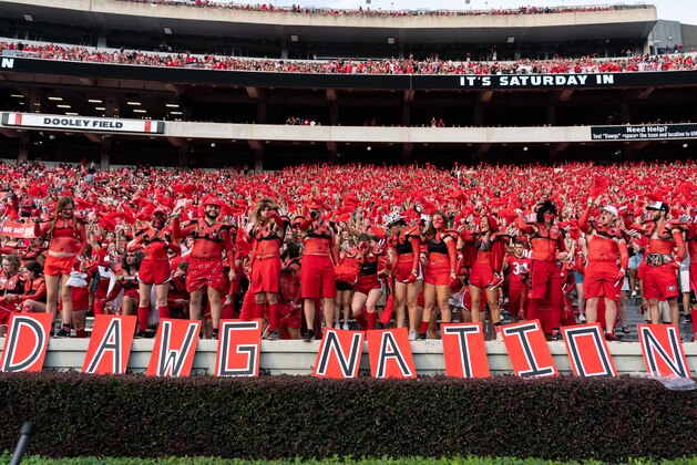 ATHENS, GA - SEPTEMBER 18: The Spike Squad cheers for their team before a game between South Carolina Gamecocks and Georgia Bulldogs at Sanford Stadium on September 18, 2021 in Athens, Georgia. (Photo by Steven Limentani/ISI Photos/Getty Images)