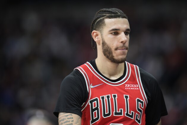 Chicago Bulls guard Lonzo Ball (2) in the second half of an NBA basketball game Friday, Nov. 19, 2021, in Denver. The Bulls won 114-108. (AP Photo/David Zalubowski)