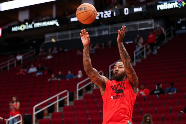 HOUSTON, TEXAS - NOVEMBER 24: John Wall #1 of the Houston Rockets takes practice at Toyota Center on November 24, 2021 in Houston, Texas. NOTE TO USER: User expressly acknowledges and agrees that, by downloading and or using this photograph, User is consenting to the terms and conditions of the Getty Images License Agreement. (Photo by Carmen Mandato/Getty Images)
