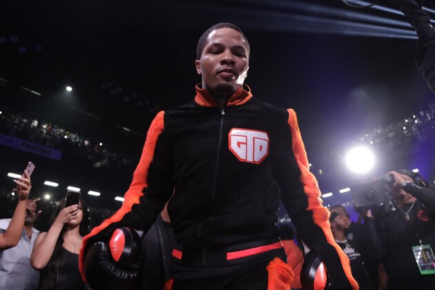 Gervonta Davis arrives for his super featherweight boxing championship bout against Ricardo Nunez, Saturday, July 27, 2019, in Baltimore. (AP Photo/Julio Cortez)