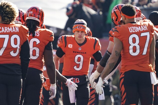 Cincinnati Bengals quarterback Joe Burrow (9) enters the field prior to an NFL football game against the Pittsburgh Steelers Sunday, Nov. 28, 2021, in Cincinnati. (AP Photo/Jeff Dean)