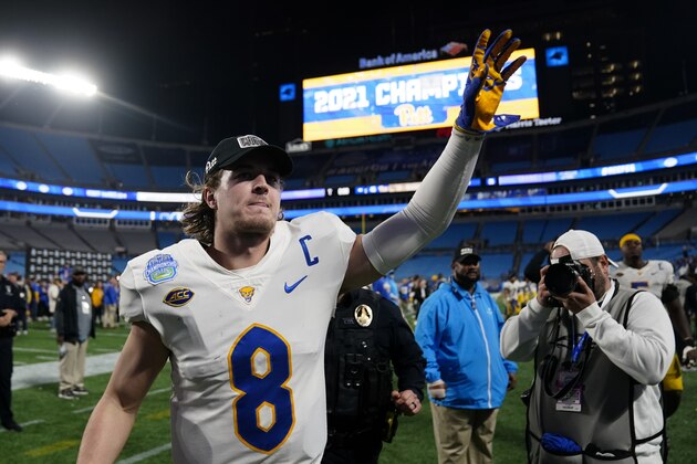 Pittsburgh quarterback Kenny Pickett celebrates after their win against Wake Forest in the Atlantic Coast Conference championship NCAA college football game Sunday, Dec. 5, 2021, in Charlotte, N.C. (AP Photo/Jacob Kupferman)