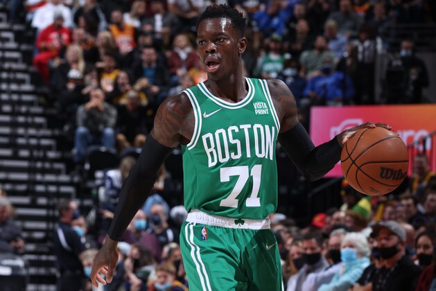 SALT LAKE CITY, UT - DECEMBER 3: Dennis Schroder #71 of the Boston Celtics dribbles the ball during the game against the Utah Jazz on December 3, 2021 at Vivint Smart Home Arena in Salt Lake City, Utah. NOTE TO USER: User expressly acknowledges and agrees that, by downloading and or using this Photograph, User is consenting to the terms and conditions of the Getty Images License Agreement. Mandatory Copyright Notice: Copyright 2021 NBAE (Photo by Melissa Majchrzak/NBAE via Getty Images)
