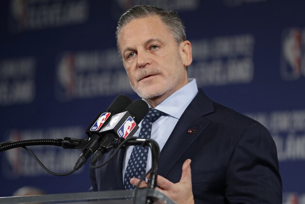 FILE - In this Nov. 1, 2018, file photo, Cleveland Cavaliers owner Dan Gilbert speaks during a news conference in Cleveland about the 2022 NBA All -Star game. Gilbert has been home for nearly a week in Detroit as he continues to recover from a stroke suffered in May. He had spent the past two months in a rehabilitation center in Chicago. On Thursday, Aug. 22, 2019, Quicken Loans CEO Jay Farner provided a brief update on the 57-year-old billionaire businessman. (AP Photo/Tony Dejak, File)