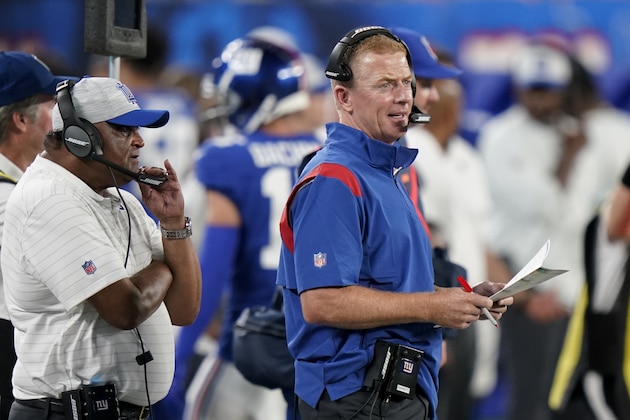 FILE- In this Aug. 14, 2021, file photo, New York Giants offensive coordinator Jason Garrett works the sidelines in the first half of an NFL preseason football game against the New York Jets in East Rutherford, N.J. A backup quarterback and holder for the Giants in 2001, Garrett spoke Thursday, Sept. 9, 2021, about the Sept. 11 attacks and the tragedy that claimed almost 3,000 lives that day.  (AP Photo/Corey Sipkin, File)