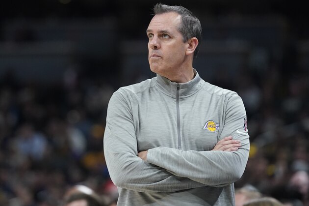 Los Angeles Lakers head coach Frank Vogel watches during the second half of an NBA basketball game against the Indiana Pacers, Wednesday, Nov. 24, 2021, in Indianapolis. (AP Photo/Darron Cummings)