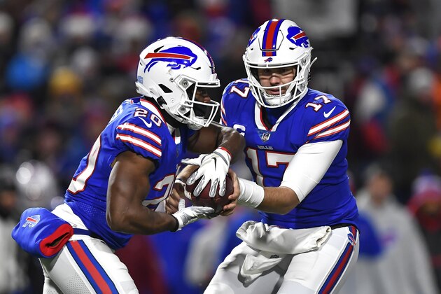 Buffalo Bills running back Zack Moss, left, takes a hand off from quarterback Josh Allen during the first half of an NFL football game against the New England Patriots in Orchard Park, N.Y., Monday, Dec. 6, 2021. (AP Photo/Adrian Kraus)