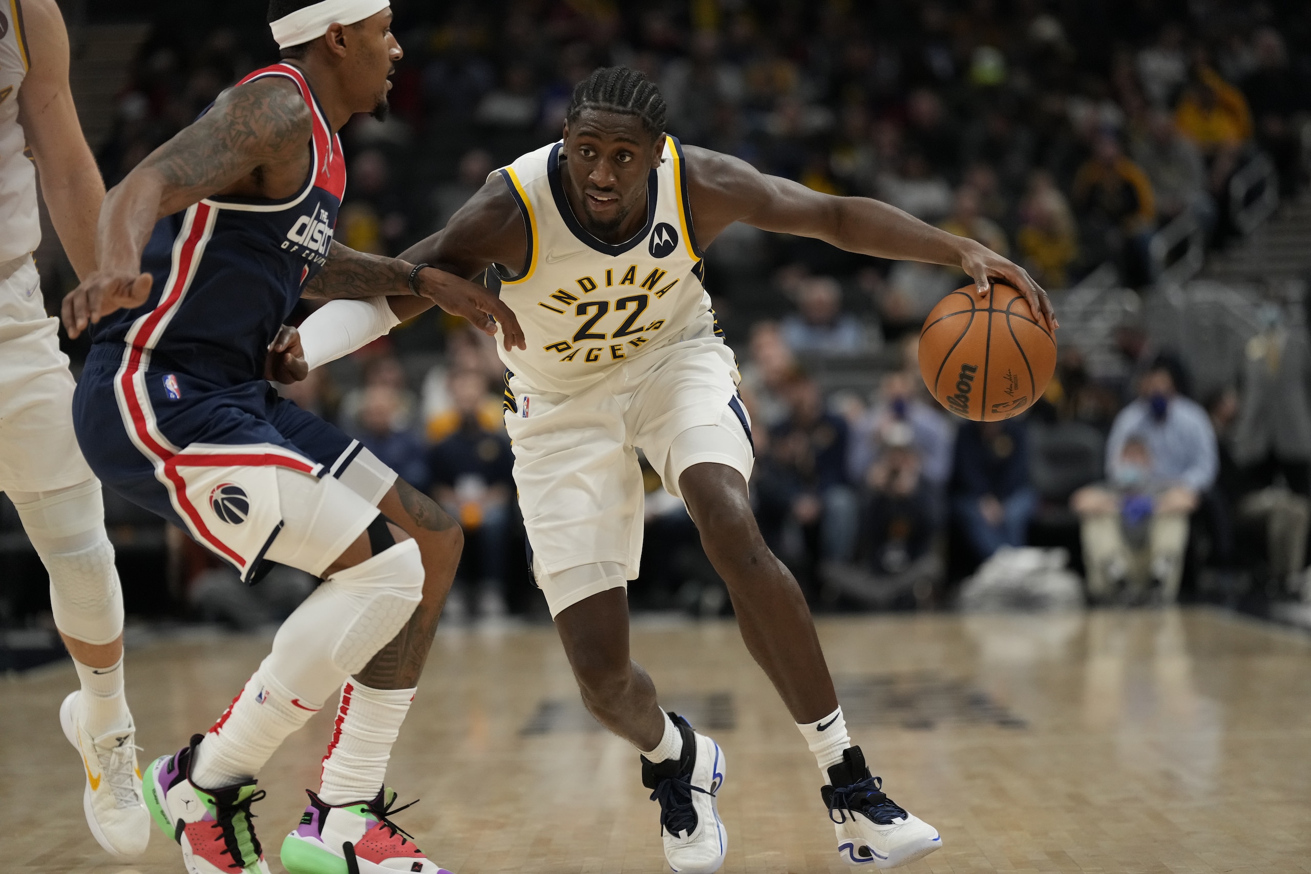 Indiana Pacers guard Caris LeVert (22) in action as the Indiana Pacers played the Washington Wizards in an NBA basketball game in Indianapolis, Monday, Dec. 6, 2021. (AP Photo/AJ Mast)