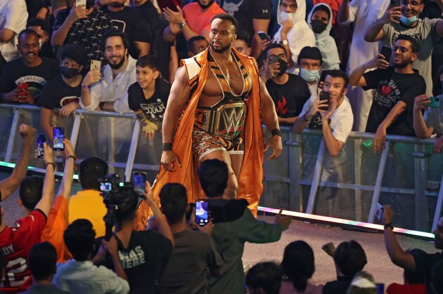 Big E arrives for his match during the World Wrestling Entertainment (WWE) Crown Jewel pay-per-view in the Saudi capital Riyadh on October 21, 2021. (Photo by Fayez Nureldine / AFP) (Photo by FAYEZ NURELDINE/AFP via Getty Images)