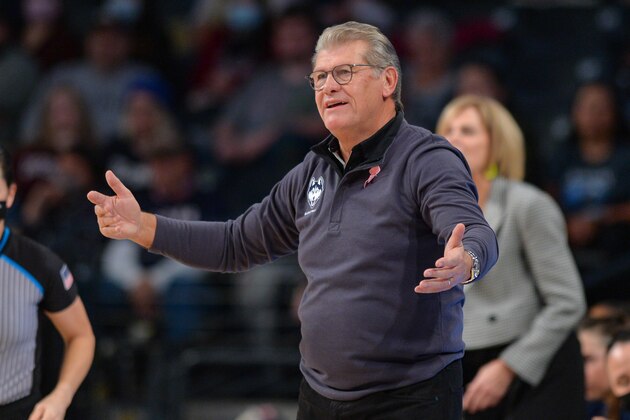 ATLANTA, GA  DECEMBER 05:  UConn head coach Geno Auriemma gestures from the sideline during the college basketball game between the UConn Huskies and the Georgia Tech Yellow Jackets on December 9th, 2021 at Hank McCamish Pavilion in Atlanta, GA.  (Photo by Rich von Biberstein/Icon Sportswire via Getty Images)