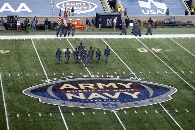 Army cadets march on to the field before the 121st Army Navy NCAA college football game, Saturday, Dec. 12, 2020, in West Point, N.Y. (AP Photo/Adam Hunger)
