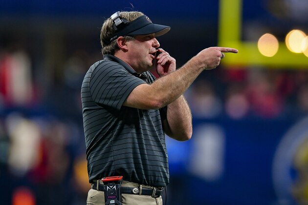 ATLANTA, GA  DECEMBER 04:  Georgia head coach Kirby Smart gestures from the sideline during the SEC Championship college football game between the Alabama Crimson Tide and Georgia Bulldogs on December 4th, 2021 at Mercedes Benz Stadium in Atlanta, GA.  (Photo by Rich von Biberstein/Icon Sportswire via Getty Images)
