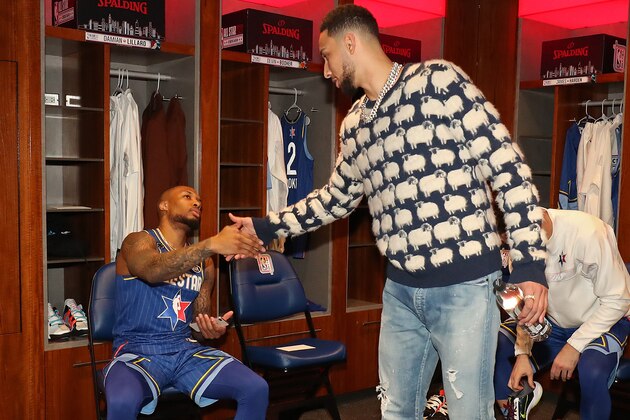 CHICAGO, IL - FEBRUARY 16: Damian Lillard #2 of Team Lebron high-fives Ben Simmons #2 of Team Lebron before the game during the 69th NBA All-Star Game on February 16, 2020 at the United Center in Chicago, Illinois. NOTE TO USER: User expressly acknowledges and agrees that, by downloading and or using this photograph, User is consenting to the terms and conditions of the Getty Images License Agreement. Mandatory Copyright Notice: Copyright 2020 NBAE (Photo by Nathaniel S. Butler/NBAE via Getty Images)
