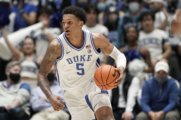 Duke forward Paolo Banchero (5) dribbles against Citadel during the second half of an NCAA college basketball game in Durham, N.C., Monday, Nov. 22, 2021. (AP Photo/Gerry Broome)