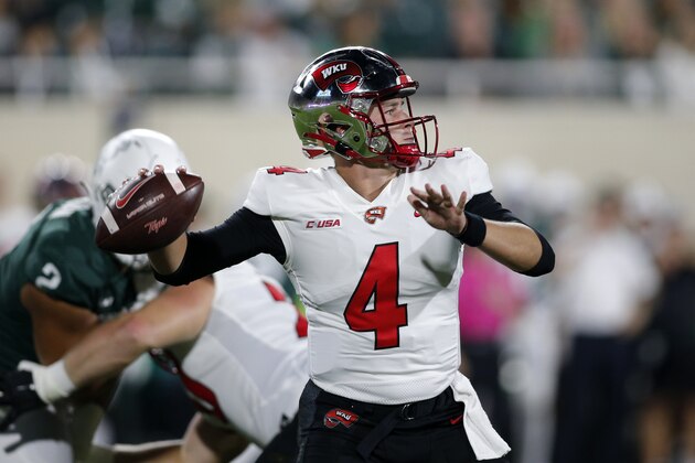 Western Kentucky quarterback Bailey Zappe looks to throw a pass against Michigan State during the first quarter of an NCAA college football game, Saturday, Oct. 2, 2021, in East Lansing, Mich. (AP Photo/Al Goldis)