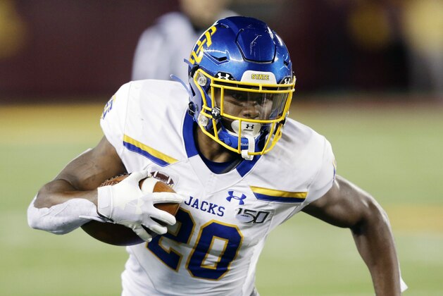FILE - South Dakota State running back Pierre Strong runs with the ball during an NCAA football game against Minnesota, Aug. 29, 2019, in Minneapolis. Strong was selected to The Associated Press FCS All-America team. (AP Photo/Andy Clayton- King, File)