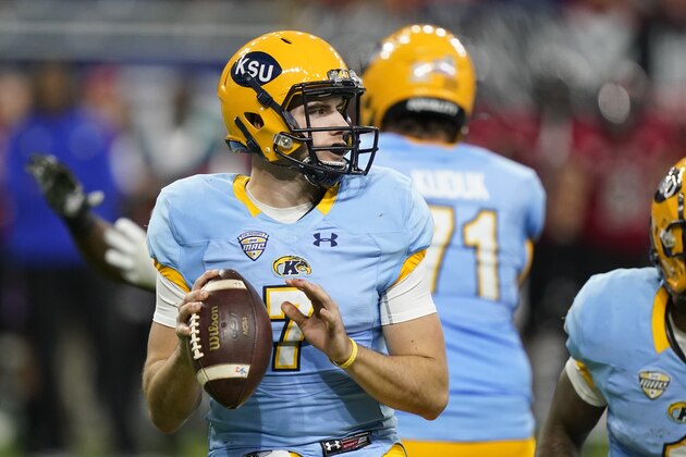 Kent State quarterback Dustin Crum throws during the second half of of the Mid-American Conference championship NCAA college football game against Northern Illinois, Saturday, Dec. 4, 2021, in Detroit. (AP Photo/Carlos Osorio)