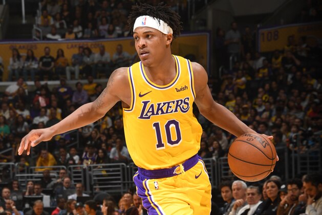 LOS ANGELES, CA - APRIL 9:  Jemerrio Jones #10 of the Los Angeles Lakers handles the ball against the Portland Trail Blazers on April 9, 2019 at STAPLES Center in Los Angeles, California. NOTE TO USER: User expressly acknowledges and agrees that, by downloading and/or using this Photograph, user is consenting to the terms and conditions of the Getty Images License Agreement. Mandatory Copyright Notice: Copyright 2019 NBAE (Photo by Andrew D. Bernstein/NBAE via Getty Images)