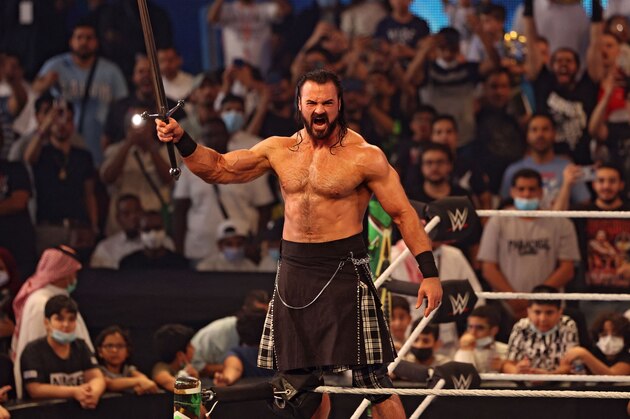 Drew McIntyre arrives for his match during the World Wrestling Entertainment (WWE) Crown Jewel pay-per-view in the Saudi capital Riyadh on October 21, 2021. (Photo by Fayez Nureldine / AFP) (Photo by FAYEZ NURELDINE/AFP via Getty Images)