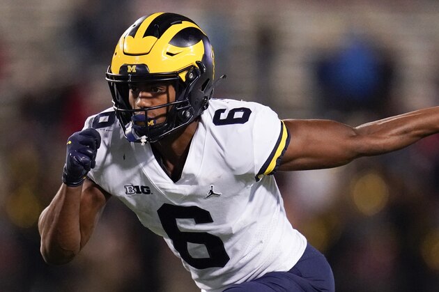 Michigan wide receiver Cornelius Johnson runs a route against Maryland during the second half of an NCAA college football game between Maryland and Michigan, Saturday, Nov. 20, 2021, in College Park, Md. Michigan won 59-18. (AP Photo/Julio Cortez)