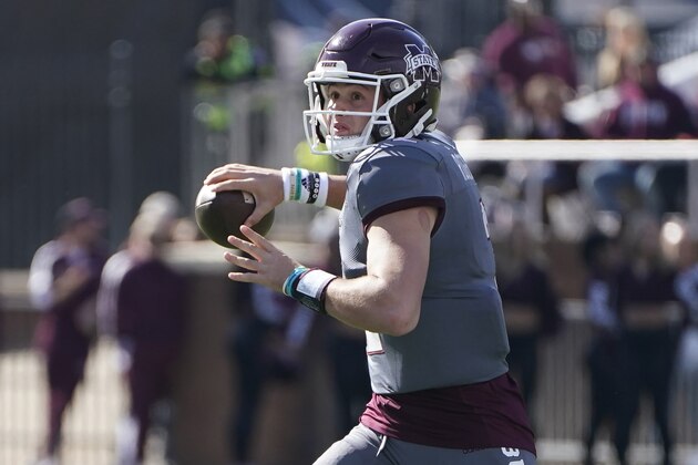 Mississippi State quarterback Will Rogers (2) readies to pass against Tennessee State during the first half of an NCAA college football game, Saturday, Nov. 20, 2021, in Starkville, Miss. Mississippi State won 55-10. (AP Photo/Rogelio V. Solis)